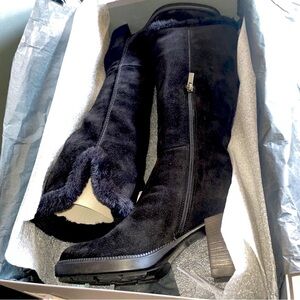 Women's Black Suede Knee-High Moto Boots with Side Zip
